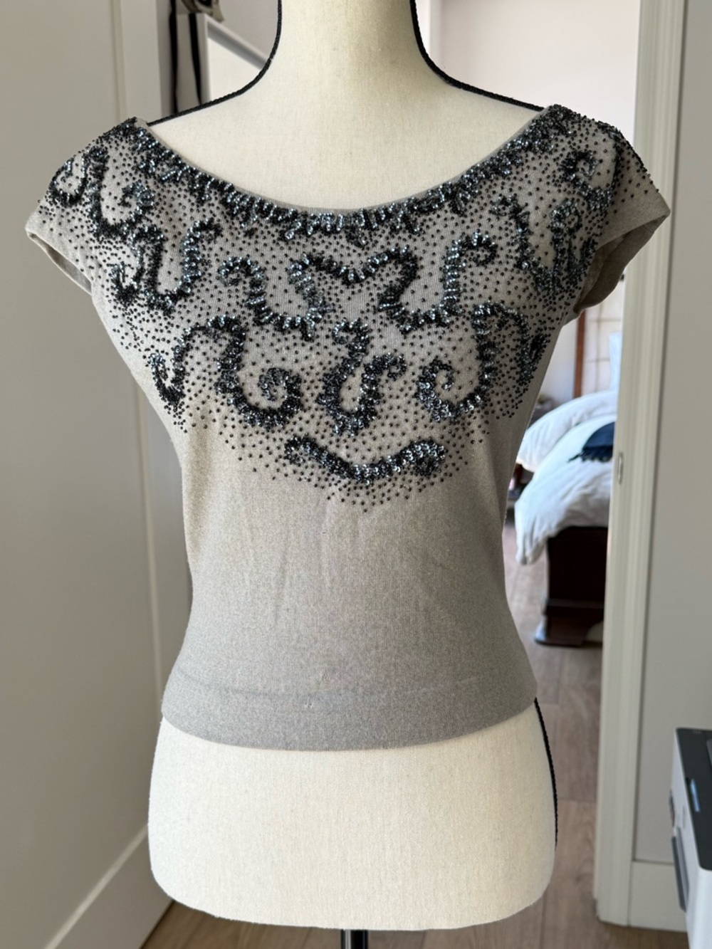 Beaded Taupe Scoop Neck Top